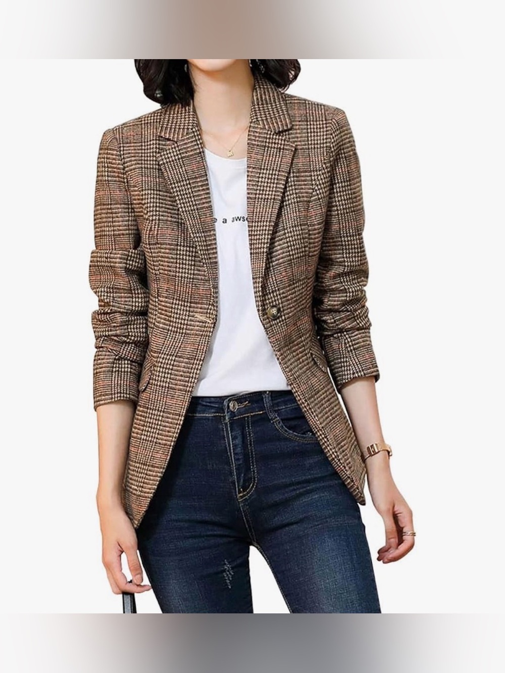 ebossy Double Breasted Houndstooth Plaid Slim Boyfriend Blazer Jacket size S NWT